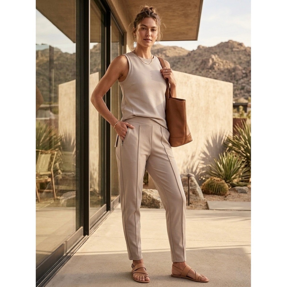 Athleta Venice Pintuck Pant Beige Tapered Leg Stretch Trouser Size Small